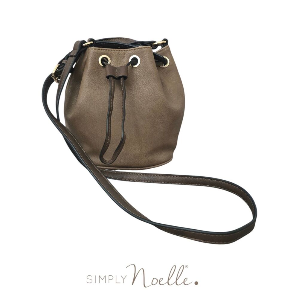 Taupe Faux Leather Bucket Crossbody Bag Paisley Lining from Simply Noelle